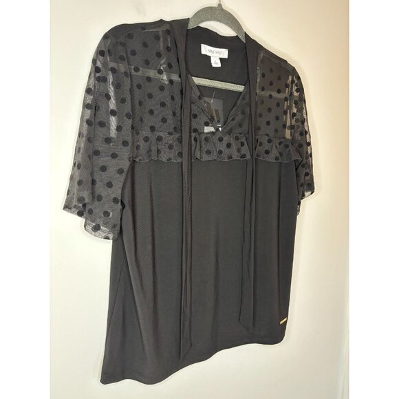 NINE WEST NEW Blouse Womens M Black Polka Dot Sheer Tie Short Slv Flowy - Picture 3 of 8